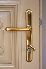 Shiny golden door handle. Luxury  elegant door handle.