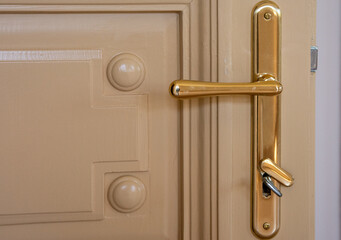 Shiny golden door handle. Luxury  elegant door handle.