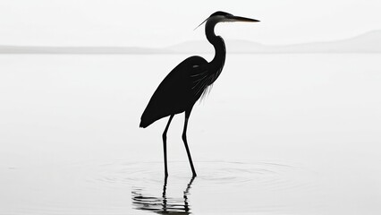 Fototapeta premium Graceful heron reflected in water, captured in a striking black silhouette design.