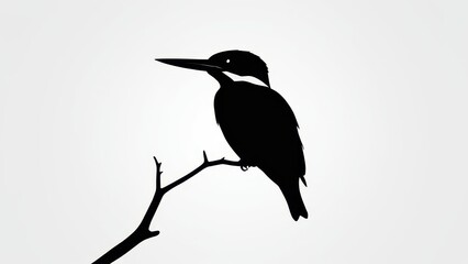 Obraz premium Black silhouette of a kingfisher perched on a thin branch, ideal for minimalist art.