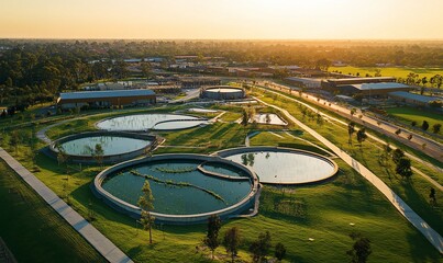 Aerial view of wastewater treatment park at sunset
