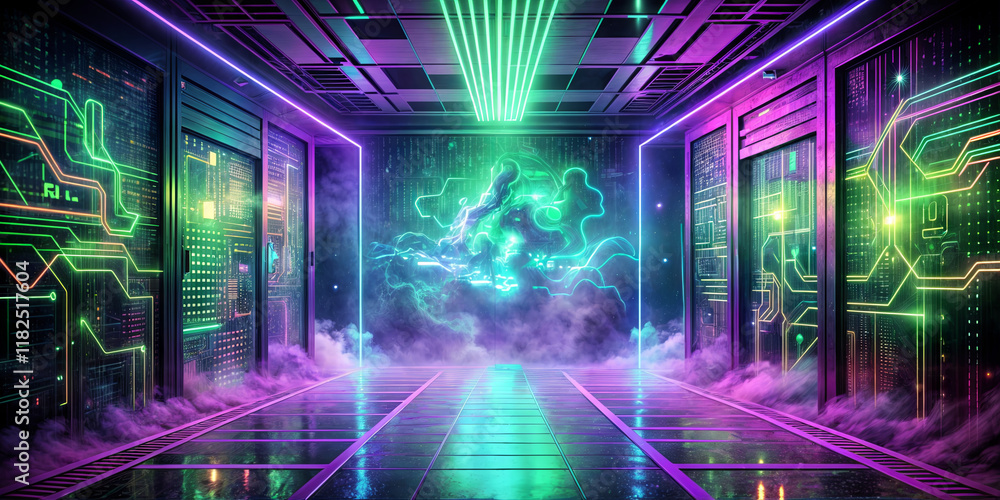 Poster a vibrant corridor illuminated by neon lights features intricate patterns on the walls. fog rolls ac