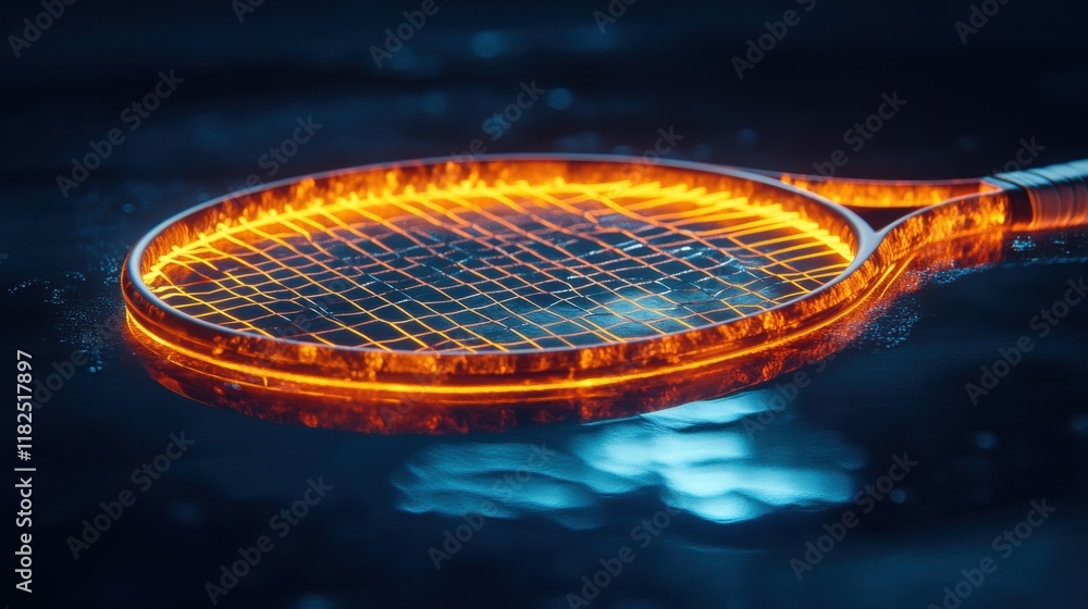 Aufkleber glowing strings of a floating tennis racket, a surreal scene capturing the blend of sport and ethere