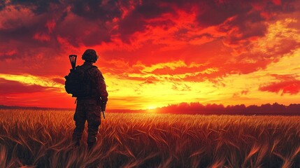 Fototapeta premium Soldier silhouette at sunset in field with dramatic sky