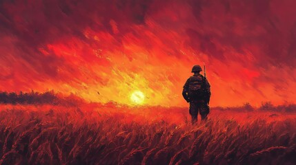 Solitary soldier silhouette at fiery sunset in open field