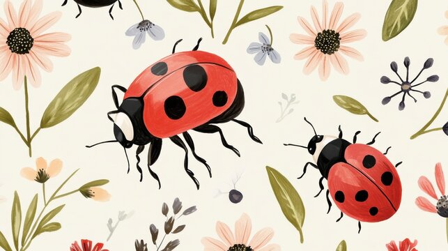 Whimsical botanical pattern featuring ladybugs and flowers soft white background hand-drawn illustrations playful scandinavian style