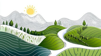 Doodlestyle vector illustration of a tea plantation nestled in mountainous terrain