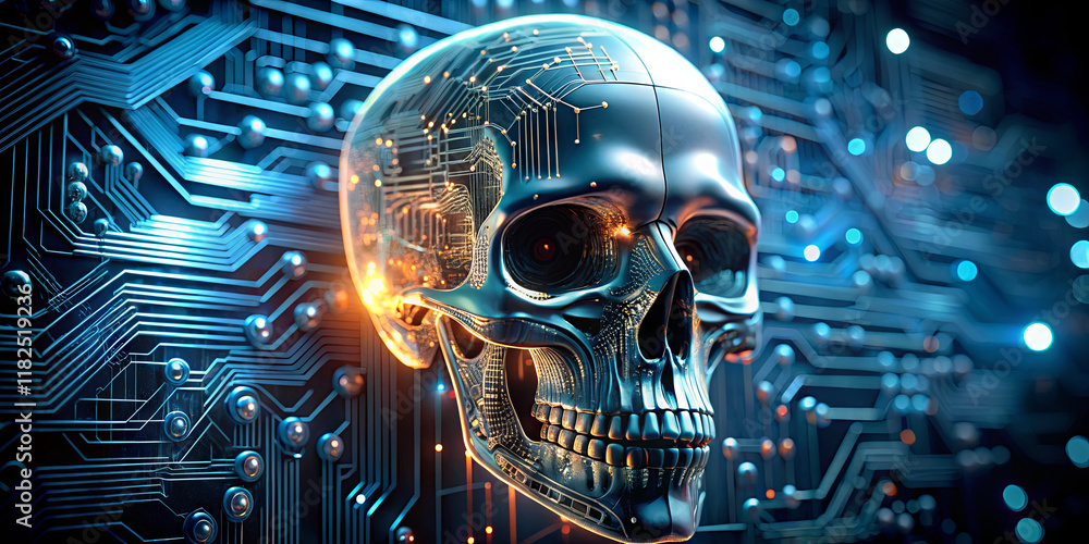 Poster a metallic skull with intricate designs is positioned before a vibrant circuit board, illuminated by