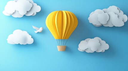 Obraz premium A vibrant yellow hot air balloon is surrounded by fluffy white clouds with a small bird flying nearby