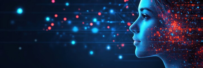 Bright digital lights surround a womans profile, symbolizing the intersection of technology and humanity