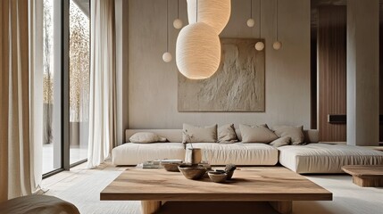 Minimalist living room, curved beige sofa, wooden coffee table, oval mirror, round pendant lights, neutral color palette, textured walls, potted plant, framed artwork, natural materials, Scandinavian 