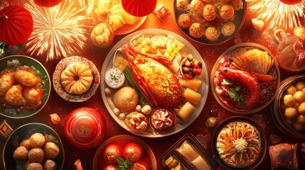 Fototapeta premium Festive asian new year feast with fireworks display