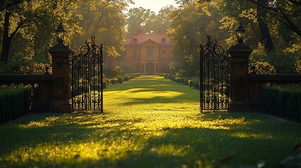 Ornate gates open to reveal a grand mansion nestled in a lush green park