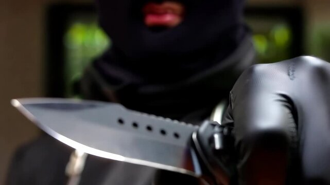 Burglar holding a knife in gloved hand, armed robbery concept.