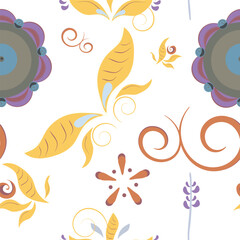 Stylized elements in the form of flowers, leaves, curls, reminiscent of the ancient Russian painting of the peoples of the north.