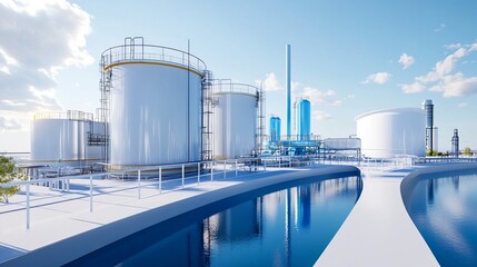 Hydrogen energy storage tank at a solar and wind turbine facility representing clean energy solutions 3D rendering