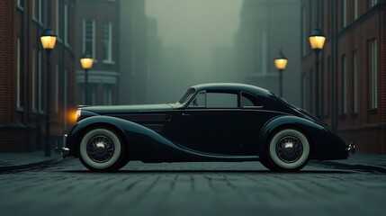 Fototapeta premium Classic vintage car on a foggy street at dusk surrounded by streetlamps