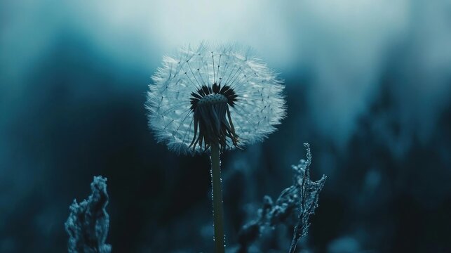 Close-up of a dandelion seed head in a dark, moody setting.