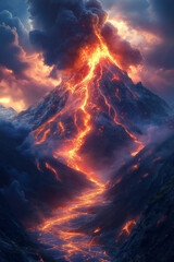 Volcan en &eacute;ruption avec lave en fusion et fum&eacute;e noire