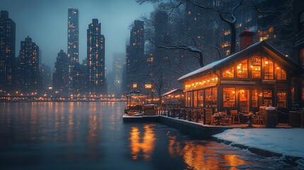 Fototapeta premium Snowy Winter Night Cityscape with Illuminated Waterfront Cafe