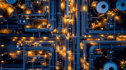 Industrial pipelines in a desert setting glow in golden twilight blending technological precision with natural beauty