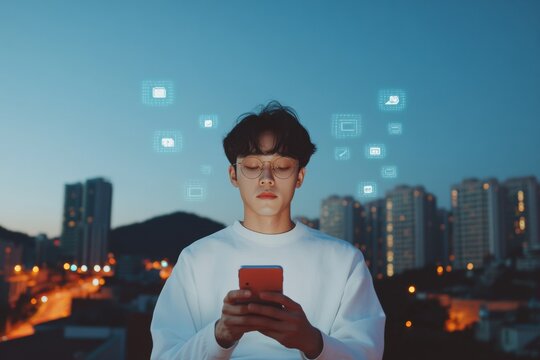 Digital Engagement Korean Man in High-Rise Cafe Overlooking Seoul at Night