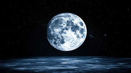 Brilliant full moon shines brightly in a dark sky above calm ocean waters at night