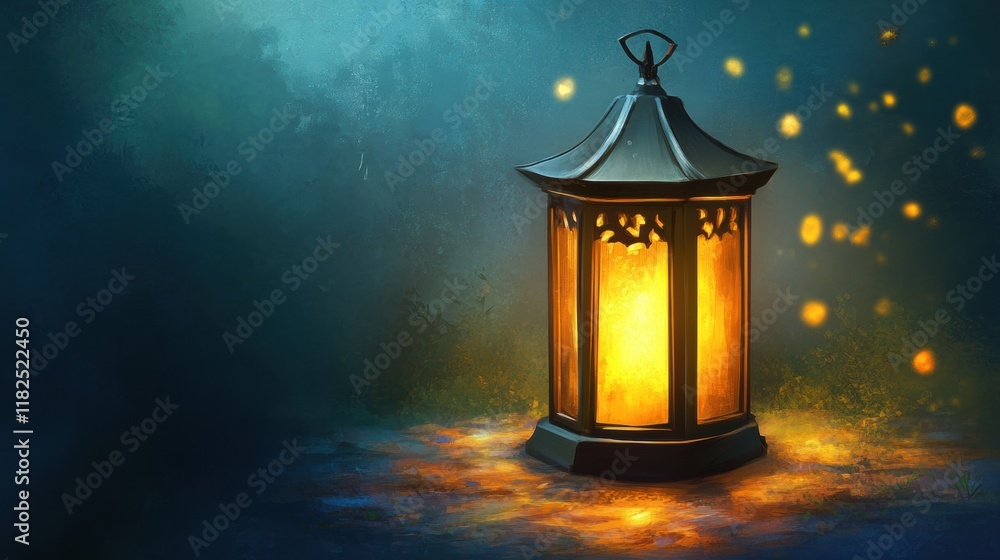 Poster golden lantern casting warm light, illuminating surroundings with a gentle glow, creating a serene a