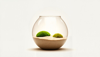 Moss-covered stones in glass terrarium with sandy base