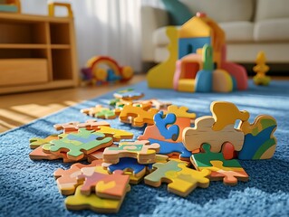 Wooden toy puzzles scattered on a soft blue rug in a well-lit room