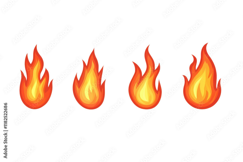 Poster a four stylized flames in row, each with vibrant gradient of orange and yellow, representing fire an