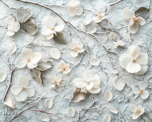 Frosty Winter Flat Lay Delicate White Petals and Twigs on Icy Background