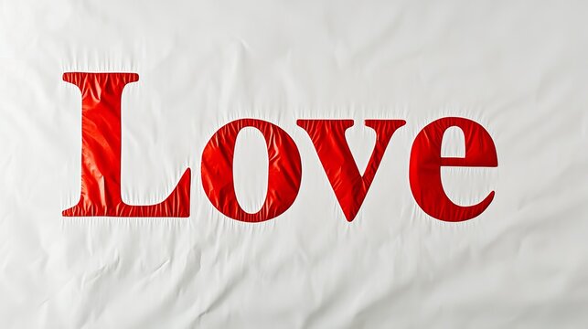 Love inscription on crumpled white fabric background in bold red letters