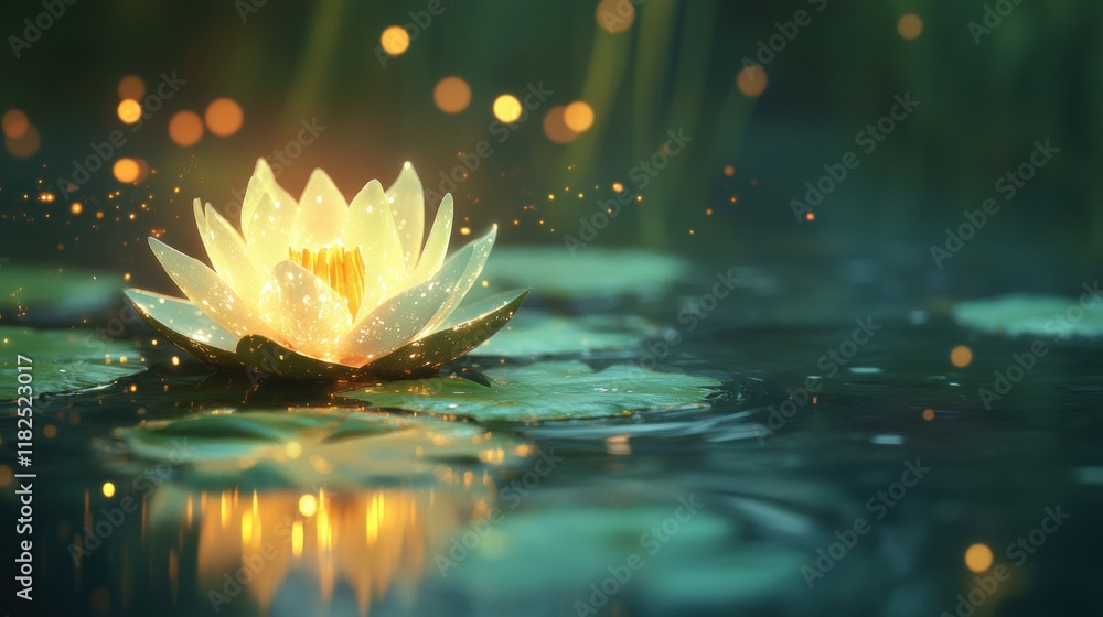 Poster glowing lily pad on tranquil water, illuminated by soft light, creating a serene and enchanting aqua