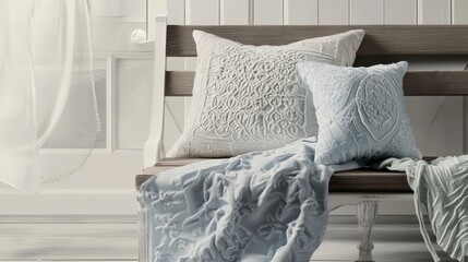 Elegant Pastel-Colored Embroidered Pillows and Throw Blanket Set on Rustic Wooden Bench