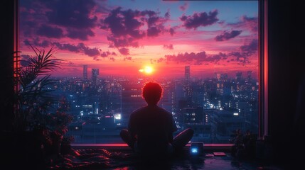 Naklejka premium Young adult watching stunning sunset over city skyline through large window