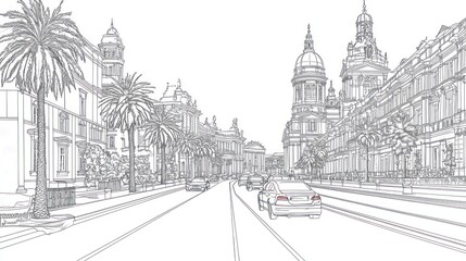 City street sketch Cars driving down palm-lined avenue with grand buildings, urban development concept