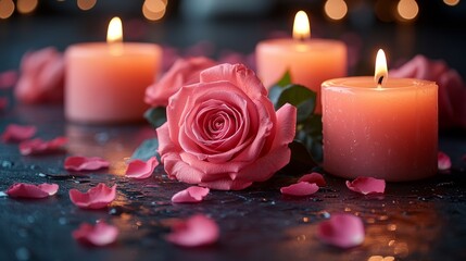 Romantic pink roses and candle arrangement on wet dark surface with petals