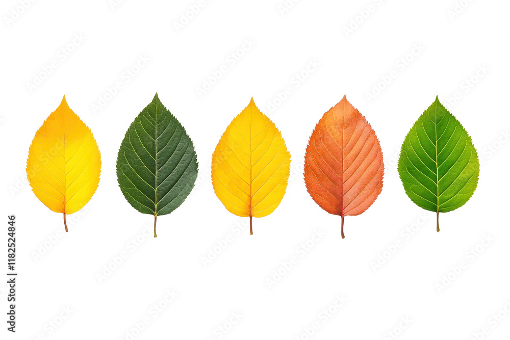 Poster a five colorful leaves in row, showcasing gradient from yellow to green, symbolizing transition of s