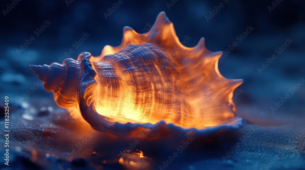 Poster luminescent seashell, a softly glowing seashell casting gentle light in a serene coastal setting, ev