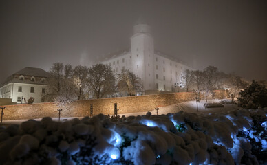 Bratislava castle in a foggy night
