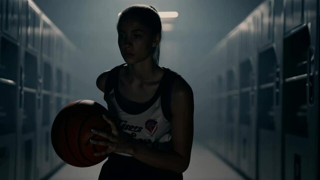 A female basketball player holding a basketball in a dimly lit locker room, illuminated by low key lighting, creating a dramatic and focused atmosphere.