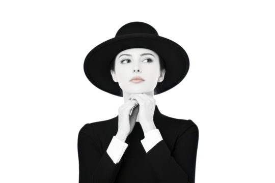 A woman in black hat and suit gazes thoughtfully, her hands gently clasped under her chin, set against transparency background. monochrome style adds classic, timeless feel - Powered by Adobe
