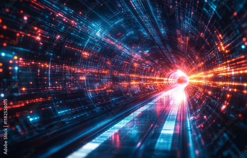 Poster futuristic neon light tunnel with glowing digital patterns and motion blur effect
