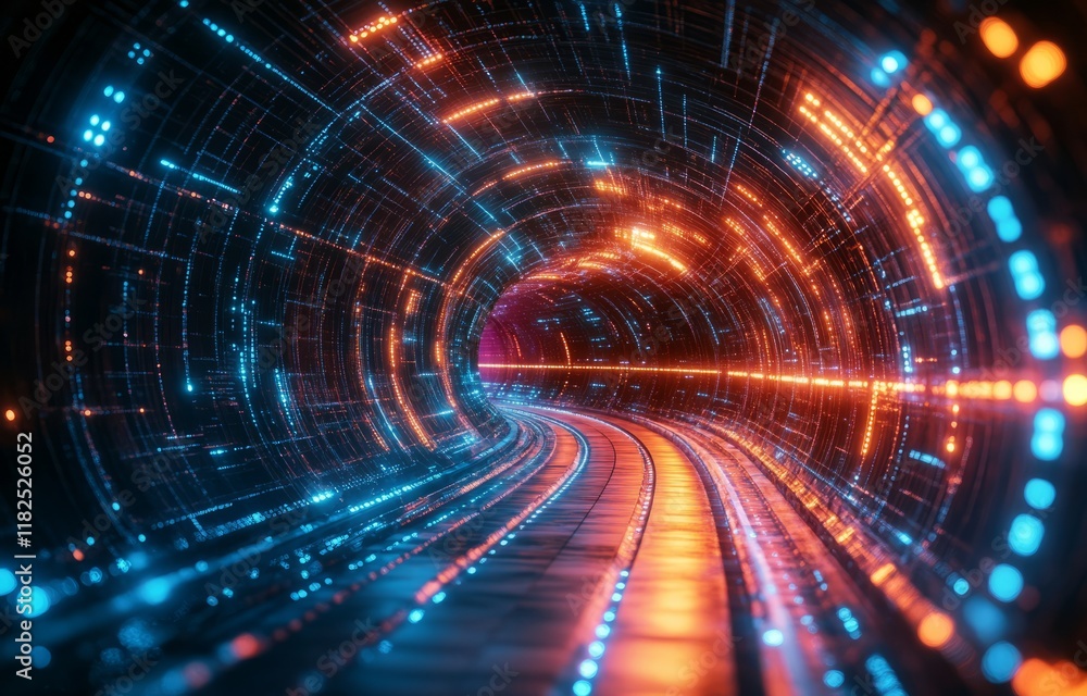 Poster futuristic neon tunnel with vibrant lights in a sci-fi setting