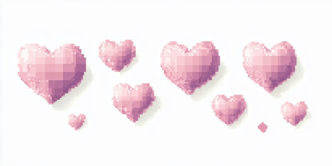 Set of pixel art effect soft pink  hearts on white isolated background. Vector illustration in pixelated mosaic retro game style. 8 bit vintage decor, icons. 