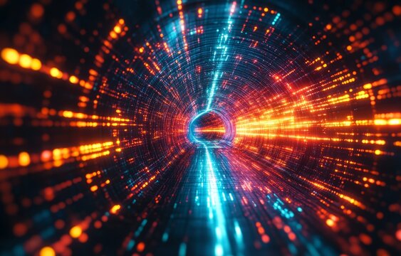 Futuristic light tunnel with vibrant neon colors and dynamic patterns