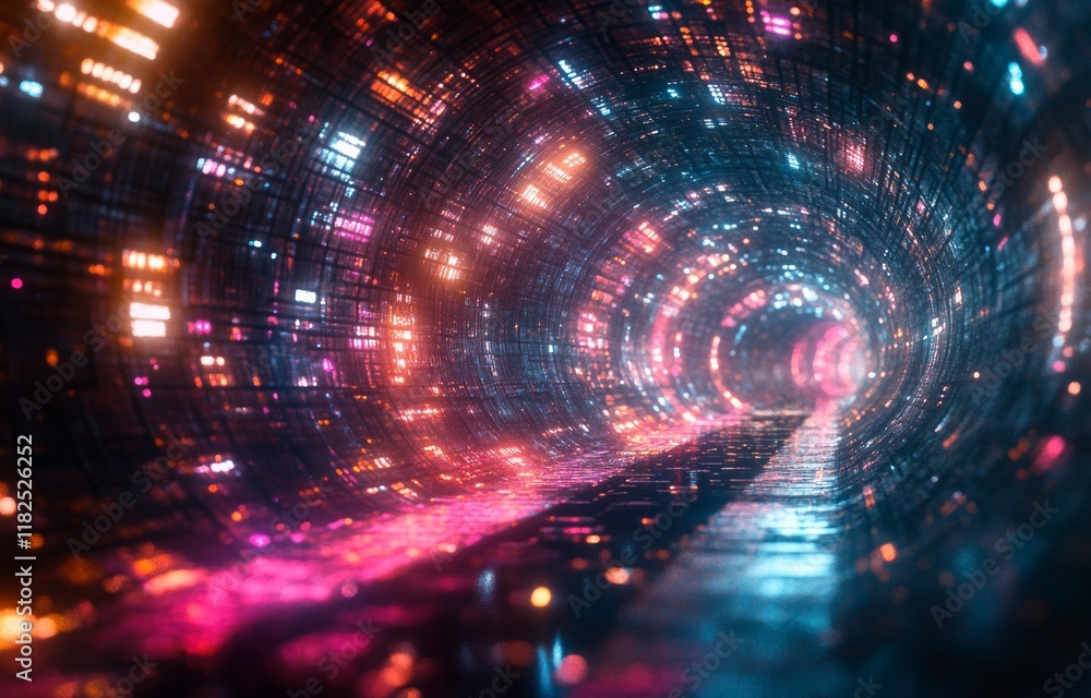 Poster futuristic neon tunnel with vibrant lights displaying digital depth