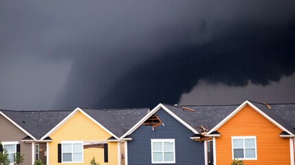Home insurance damage and theft, The image shows a row of colorful houses beneath a dark, ominous sky, suggesting impending severe weather, possibly a storm or tornado.