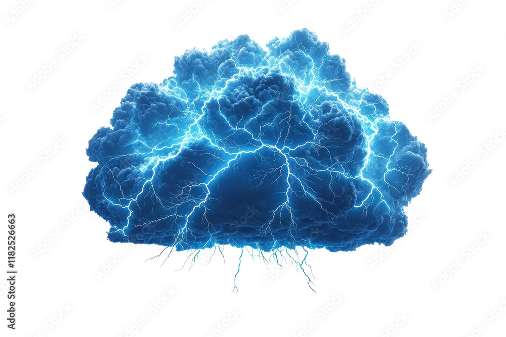 Poster a vibrant blue cloud with intense lightning bolts striking outward, creating dramatic and electrifyi